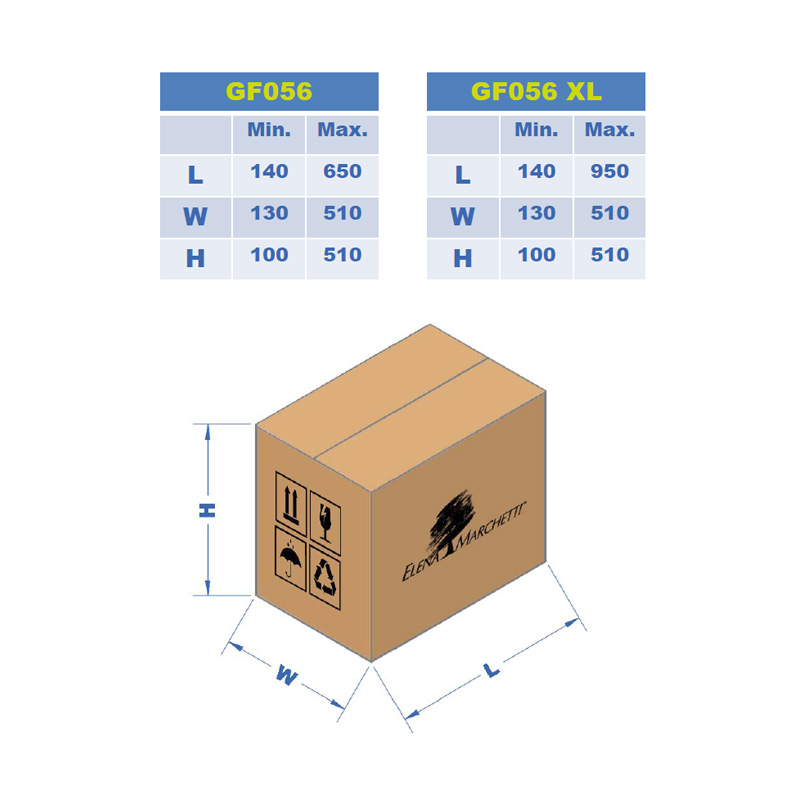 Guide des tailles de cartons pour formeuse Goldflex 056