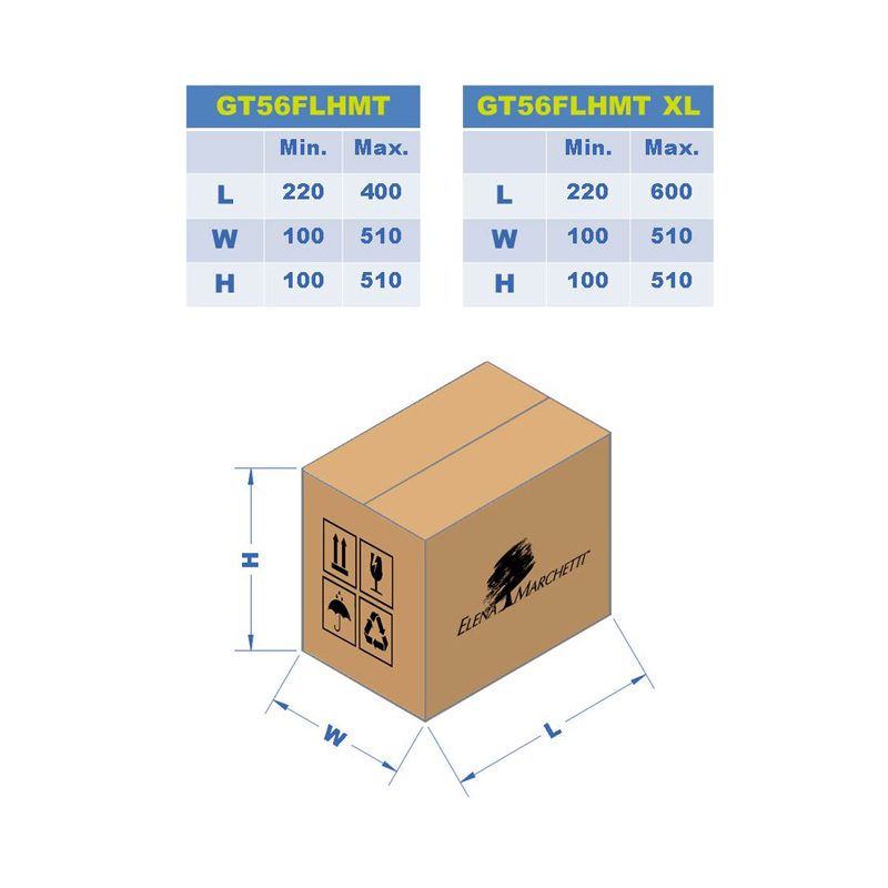 Guide des tailles de cartons sur fermeuse GT56 FL HMT XL