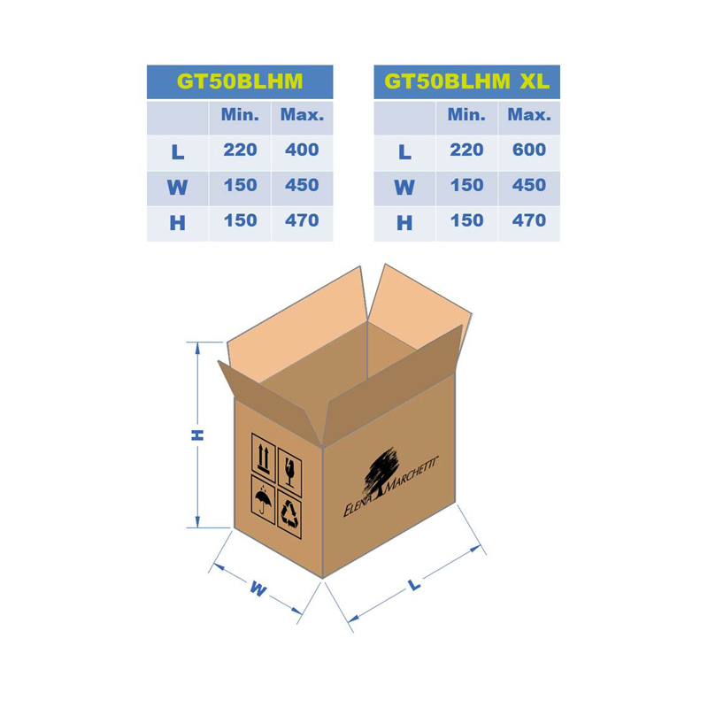 Guide des tailles de cartons pour fermeuse de cartons par collage GT50BL HM XL